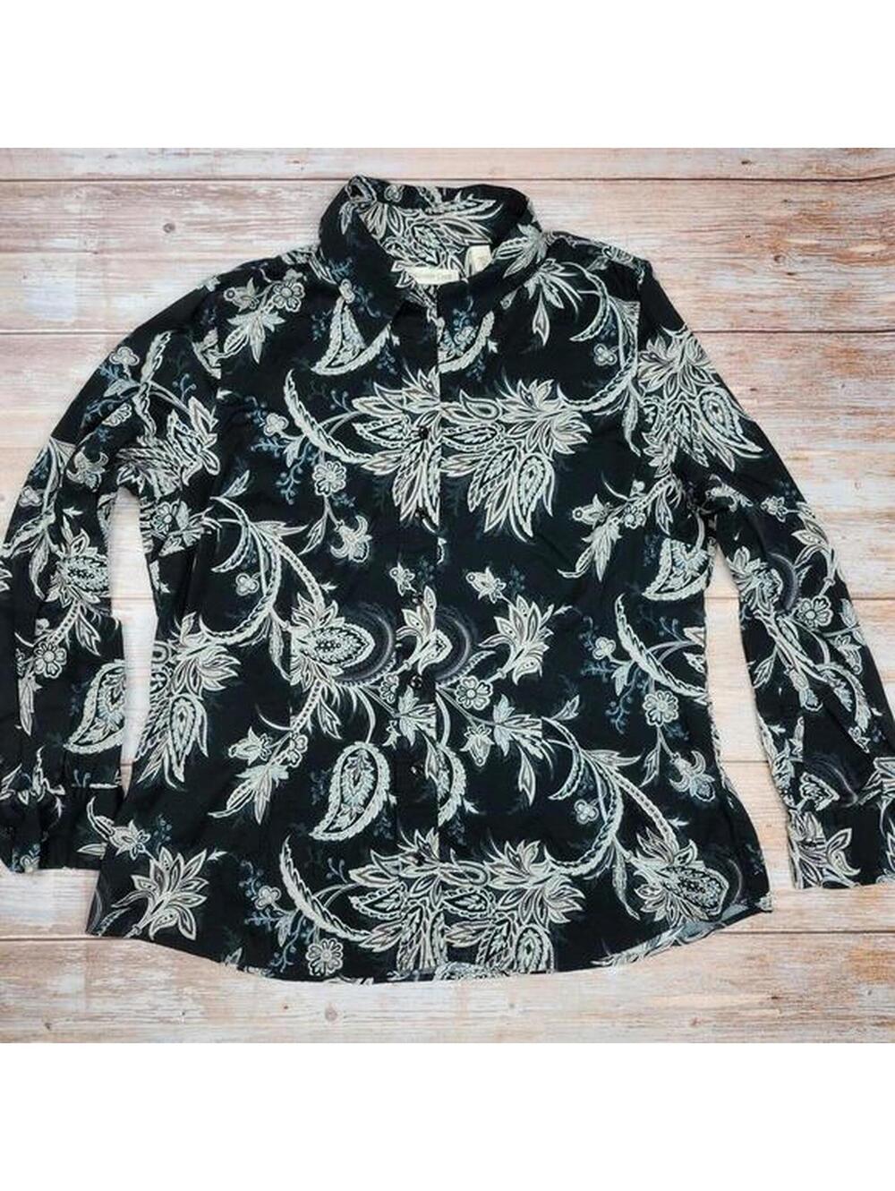 Coldwater Creek | Women's Black White Paisley Button Up V Neck Blouse Size XL